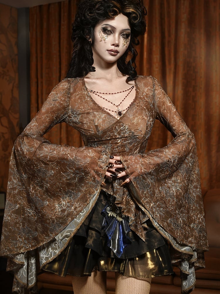 Gold V-neck Wide Flounce Sleeves Top with Removable Bead Chain on Neckline