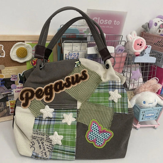 Green Vintage-Inspired Tote Bag - Colorblock & Patchwork Design with Butterfly Applique