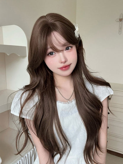 Brown 71CM Length Wavy Wig With Air Bangs