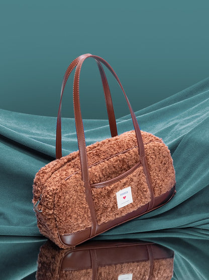 Brown Faux Teddy Fur Baguette Bag with Heart Tag