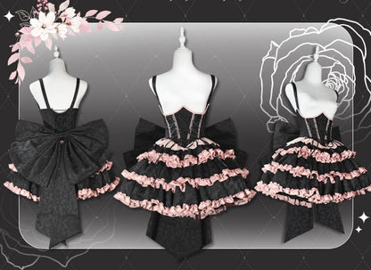 Black and Pink Boned Corset Waist Ruffle Skirt Lolita Dress with Large Bow Back