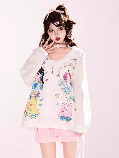 Y2K Cartoon Girl Print White Zip-up Hooded Jacket