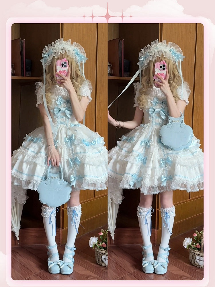 White and Blue Sweet Bow Accents Princess Lolita Jumper Skirt