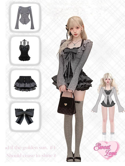 Gothic Black & Gray Striped Tiered Mini Skirt with Strap Accents