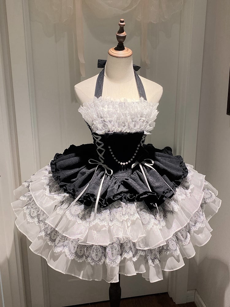 Black and White Balletcore Princess Lolita Halter Neck Dress