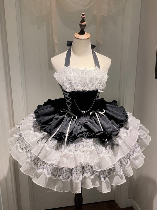 Black and White Balletcore Princess Lolita Halter Neck Dress