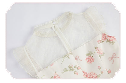 Pink Rosette Print White Illusion Neckline Summer Lolita Dress