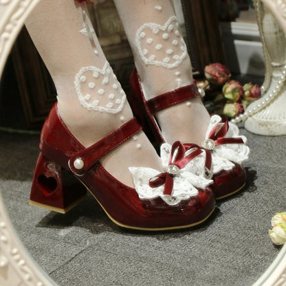 Heart-shaped Hollowed Heel Wine Red Elegant Mary Janes with Lace Bowknot Clips