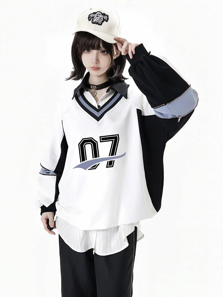 White V-Neck Regular/Back Bow Baseball-Style Sweatshirt with Front Numeric Design