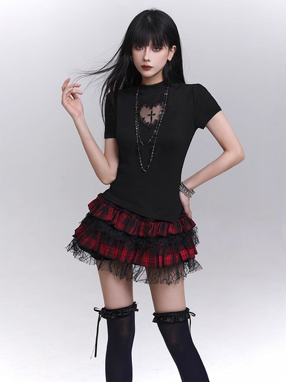 Black Mock Neck Heart-shaped Cutout Cross Print T-shirt