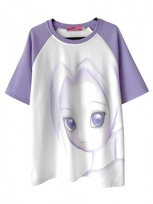 Cartoon Girl Print Purple and White T-shirt