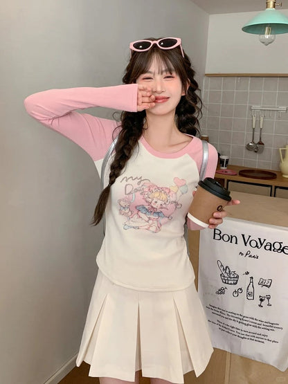 Cartoon Girl Print Apricot and Pink Colorblock Design Slim-fitting Top