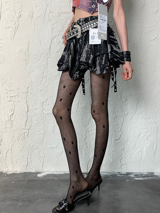 Black Y2K Floral Pattern Tights
