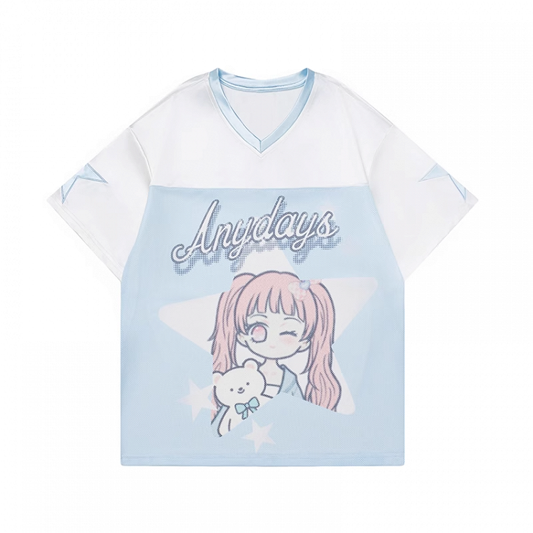 Blue and White Colorblock Design V-Neck Cartoon Girl Print Loose T-shirt