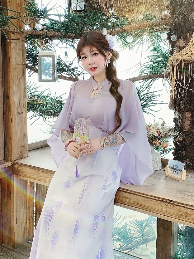 Plus Size Cheongsam Style Cape Design Purple Wisteria Print Qipao Dress