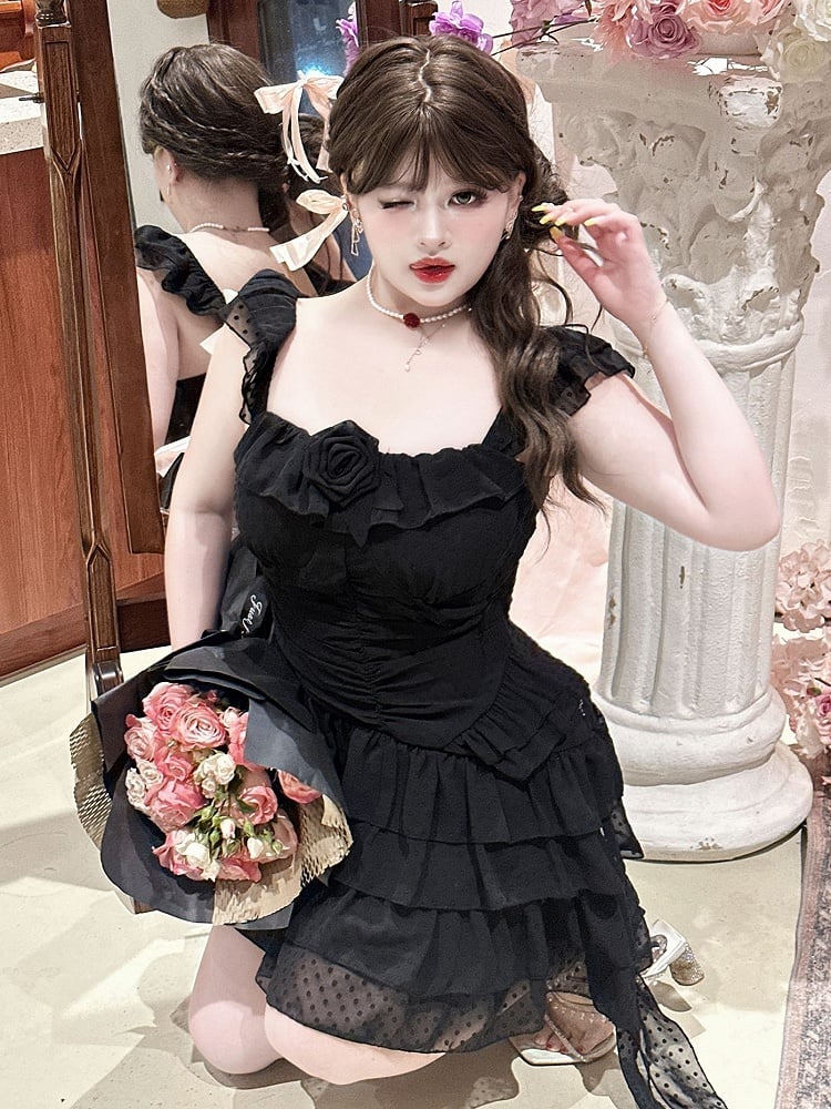 Plus Size Black Polka-dot Pattern Ruched Dress Summer Princess Dress