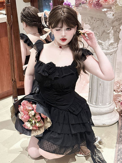 Plus Size Black Polka-dot Pattern Ruched Dress Summer Princess Dress