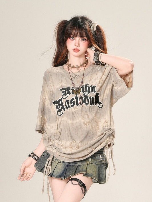 Apricot Letter Print Drawstring Waist Distressed Holes Loose T-Shirt