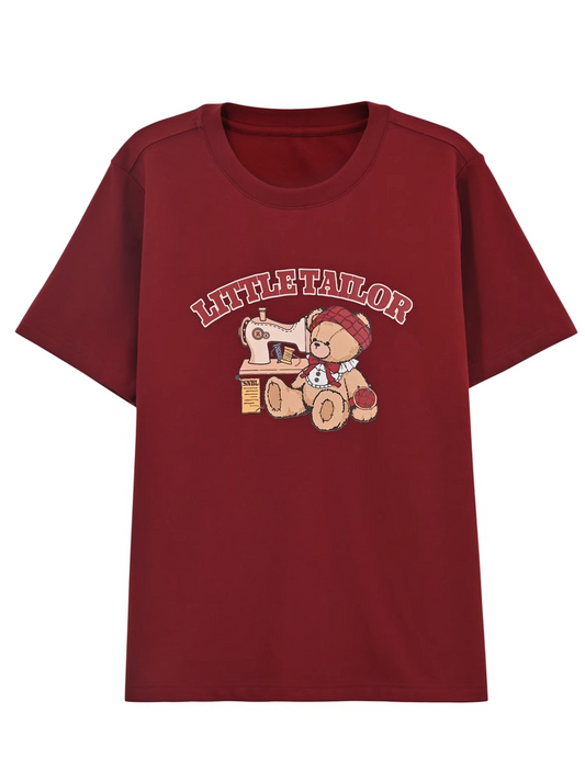 Cartoon Bear Print Wine Red Round Neck Loose T-shirt