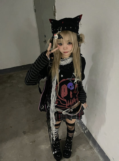 Black Skeleton and Star Print Punk Rock Cotton Top Faux Two-pieces