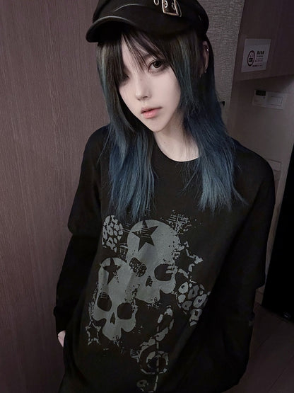 Black Faux Two-Pieces Top with White Skeleton and Cross Print