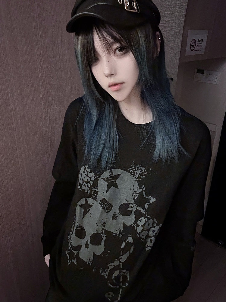 Black Faux Two-Pieces Top with White Skeleton and Cross Print