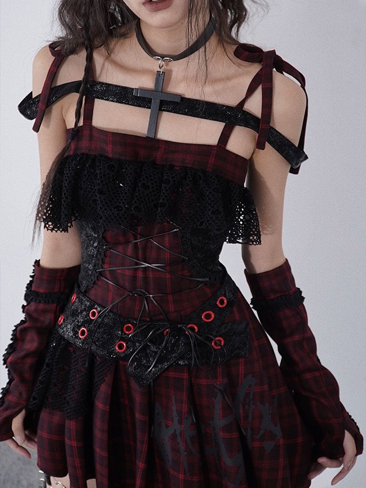 Lace-up Detail Red and Black Plaid Punk Rock Dress