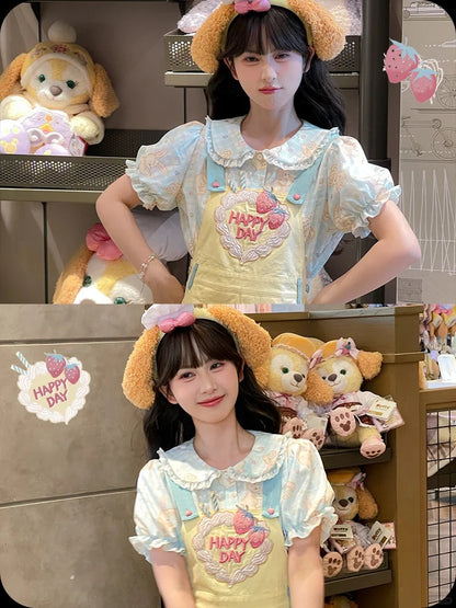 Sweet Strawberry Embroidery Yellow Box Pleat Overall Dress