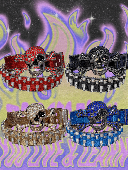 Y2K Glittering Rhinestones Punk Skull Bullets Waist Belt Black/Red/Blue/Gold