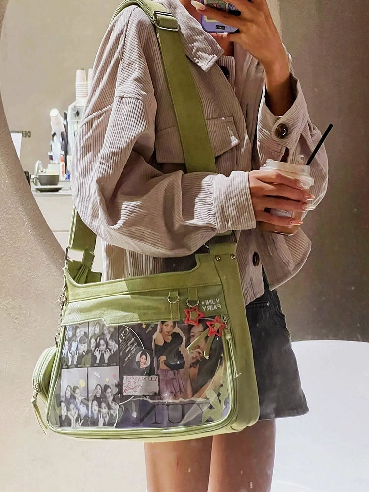 Green Denim Unisex Large Capacity Ita Bag with Adjustable Strap