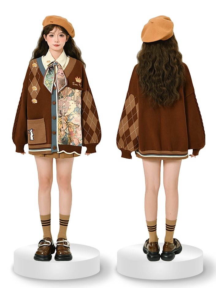 Daisies and Bunny Embroidery Brown Cardigan