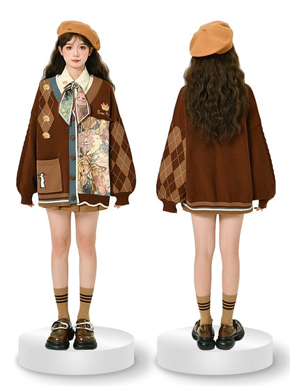 Daisies and Bunny Embroidery Brown Cardigan