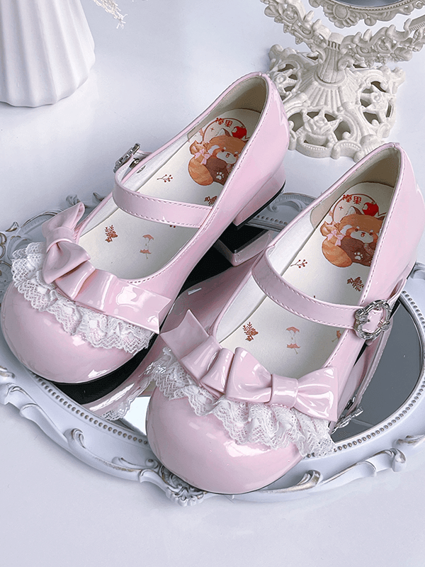 Light Pink Sweet Lolita Low-heel Mary Janes - Round Toe Design with Lace Trim & Bow Embellishments