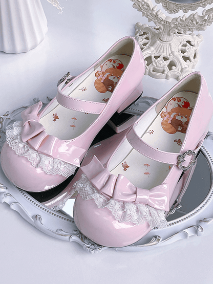 Light Pink Sweet Lolita Low-heel Mary Janes - Round Toe Design with Lace Trim & Bow Embellishments