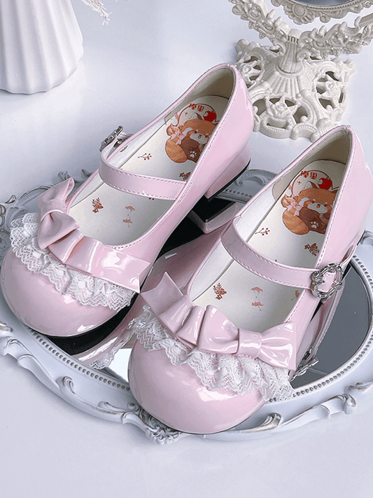 Light Pink Sweet Lolita Low-heel Mary Janes - Round Toe Design with Lace Trim & Bow Embellishments