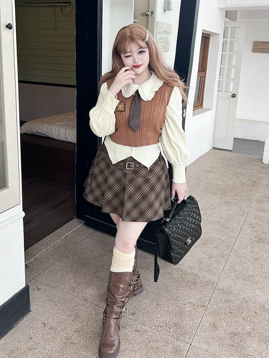 Plus Size White Preppy Shirt / Brown Plaid Pleated Skirt