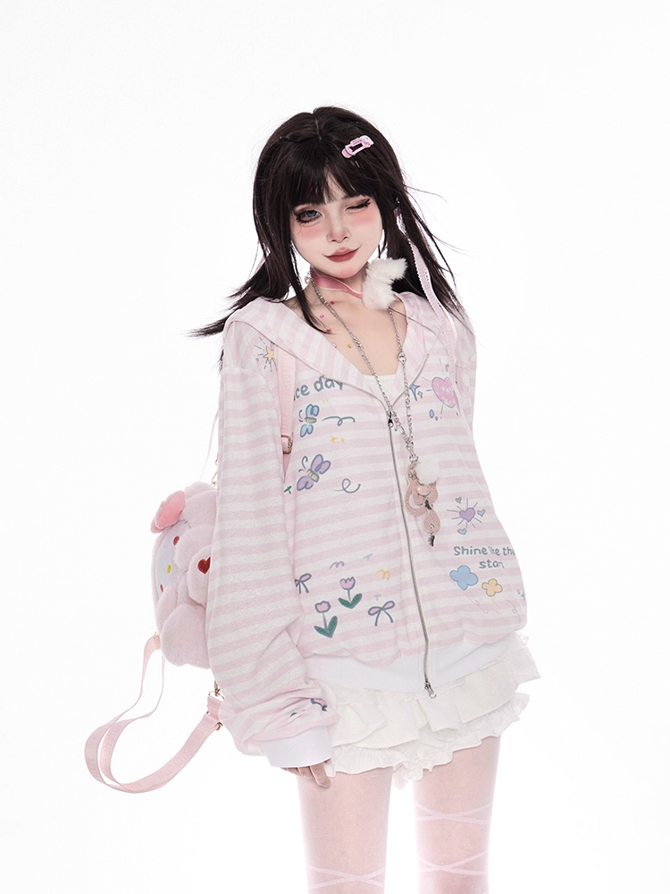 Pink Striped Pattern Y2K Print Zip Closure Hooded Jacket for Autumn