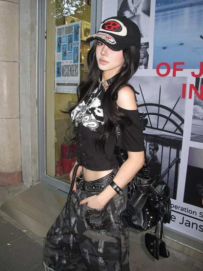 Black / White Asymmetrical Neckline T-Shirt with Lace-up Waist