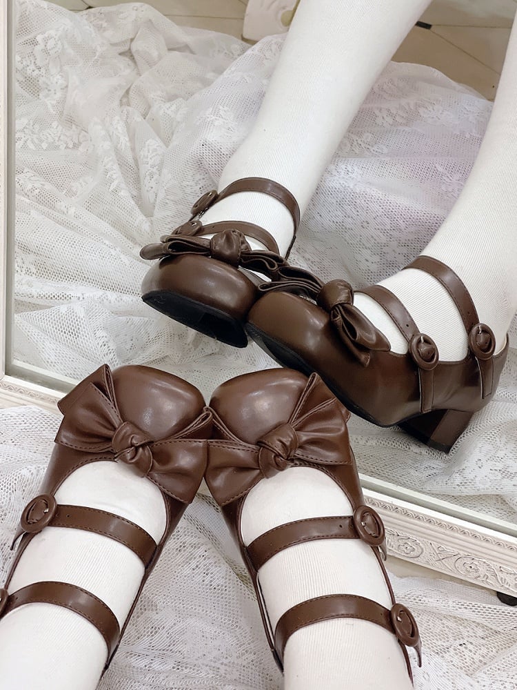 Bow Accents Sweet Brown Buckle Straps Shoes Princess Low Heels