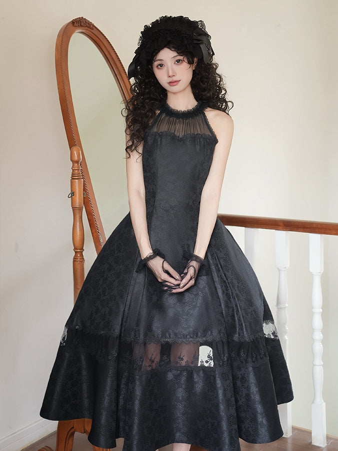 Rosette Jacquard Fabric All Black Illusion Halter Neck Lace Panels Prom Dress