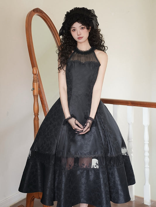 Rosette Jacquard Fabric All Black Illusion Halter Neck Lace Panels Prom Dress