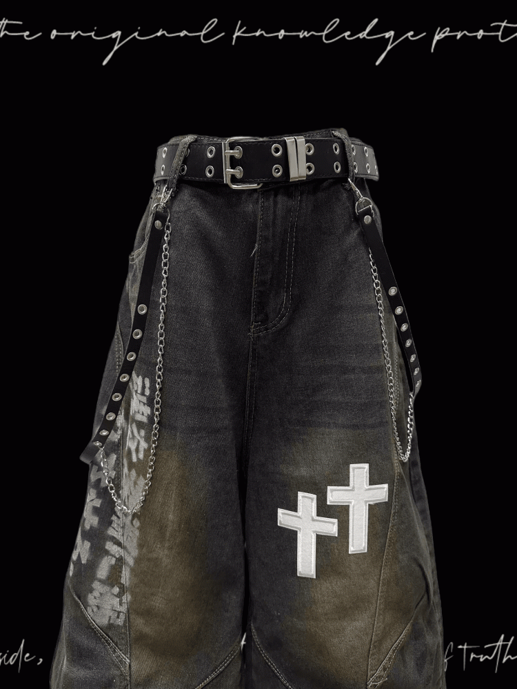 Dark Blue Faded Wash Cross Appliques Distressed Wide-Leg Jeans