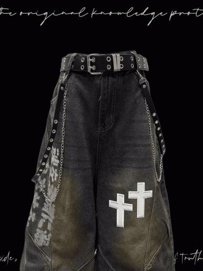 Dark Blue Faded Wash Cross Appliques Distressed Wide-Leg Jeans