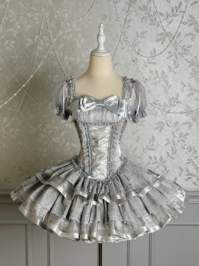Bunny and Kitty Print Silver Gray Short Puff Sleeves Lolita Corset Dress