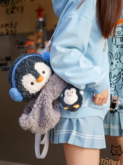 Gray Cute Penguin Plush Backpack/Crossbody Bag + Keychain