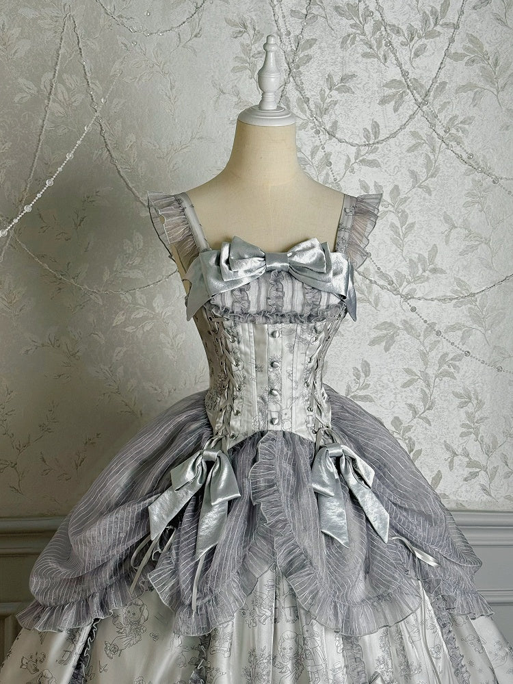 Silver Gray Corset Waist Drawstring Overlay Skirt Lolita Jumper Skirt