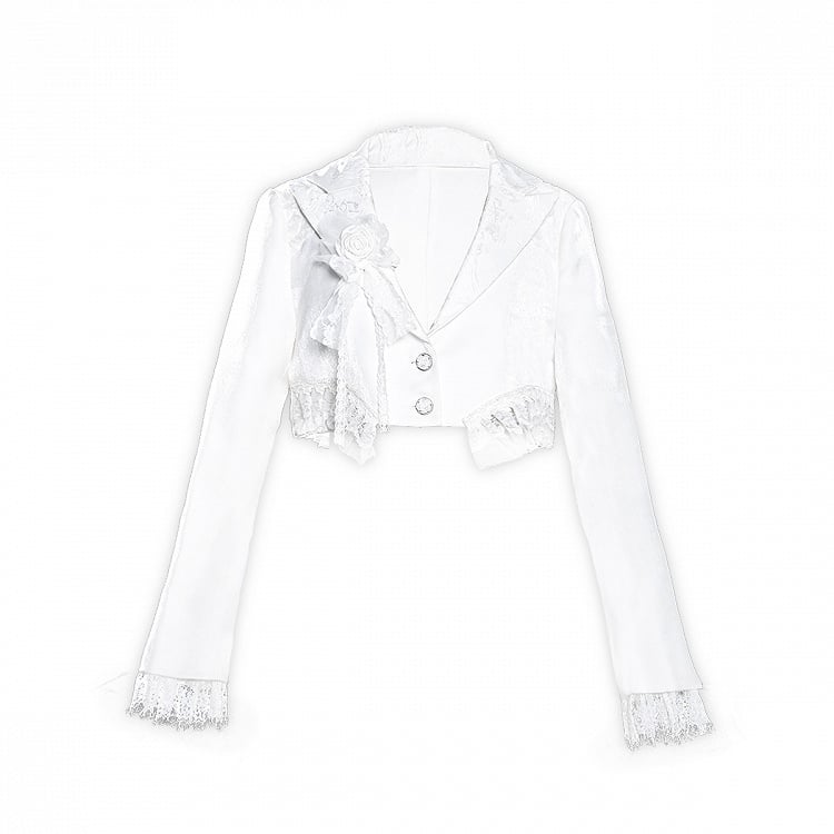 White Lace Trim Hemline and Cuffs Cropped Blazer