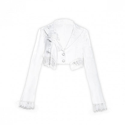 White Lace Trim Hemline and Cuffs Cropped Blazer