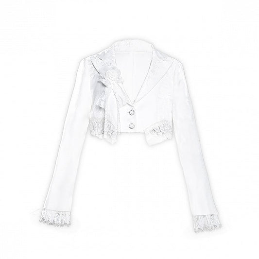White Lace Trim Hemline and Cuffs Cropped Blazer
