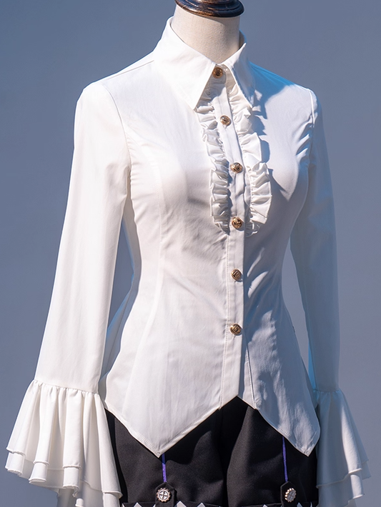 Gold-tone Buttons White Ouji Lolita Bell Sleeves Shirt